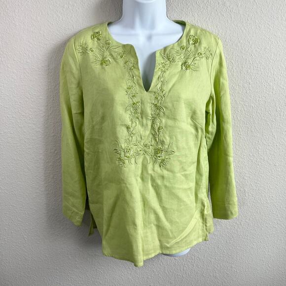 Edward Tunic Women's S Green Beaded Embroidered Irish Linen Relaxed Top Modest - Picture 1 of 6